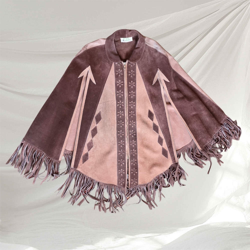 VTG 60s Suede Two Tone Brown Cape Poncho, Fringe, Hippie Boho Mod Style